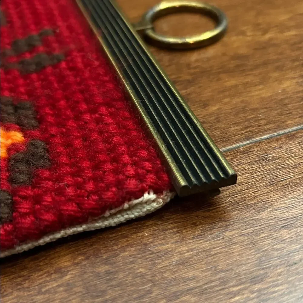 Vintage Bell Pull Red and Cream Needlepoint Wall Hanging, Scandinavian Style